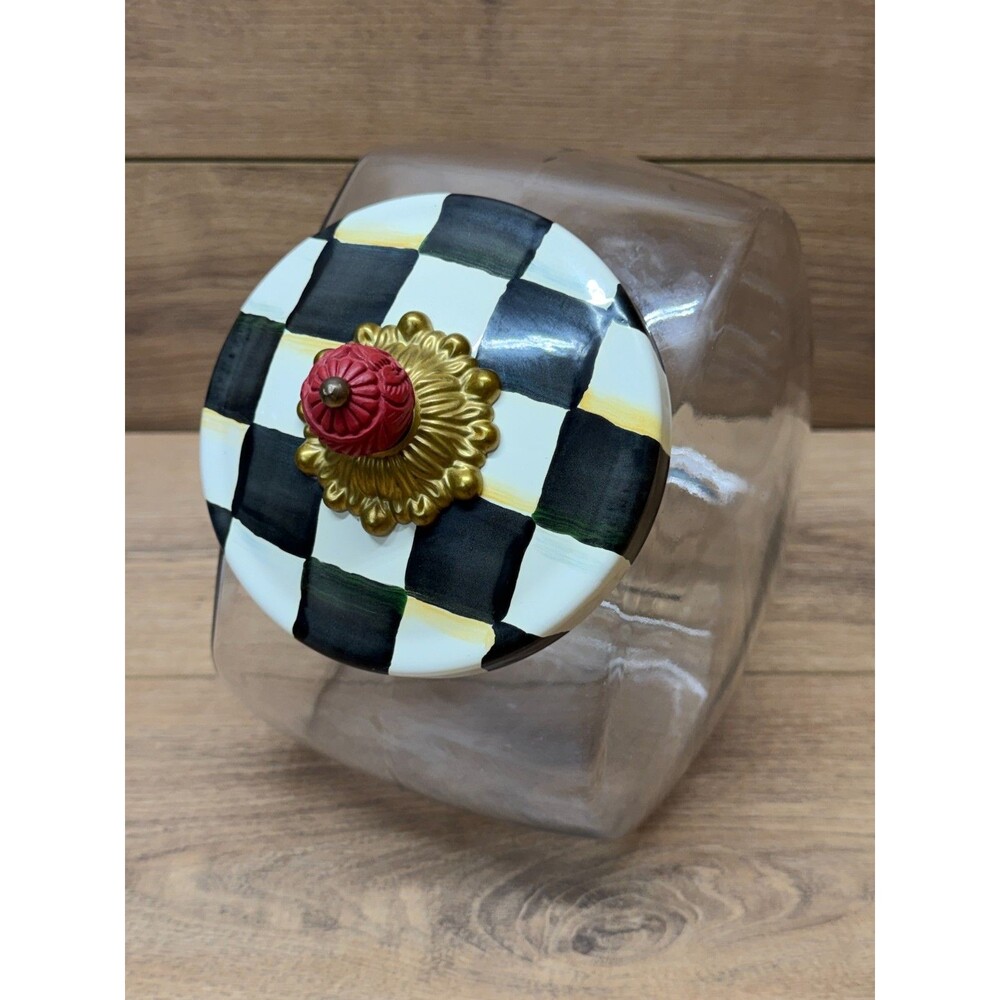 MacKenzie Childs Courtly Check Cookie Jar w/ Enamel Lid & Clear Glass Canister